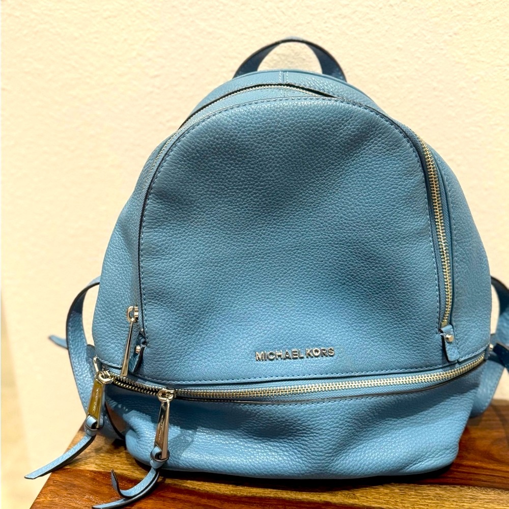 Michael Kors Blue Leather Backpack with Gold Accents